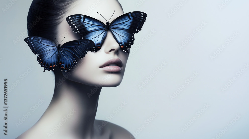 Face of a beautiful girl with butterflies instead of hair, surrealism, minimalism