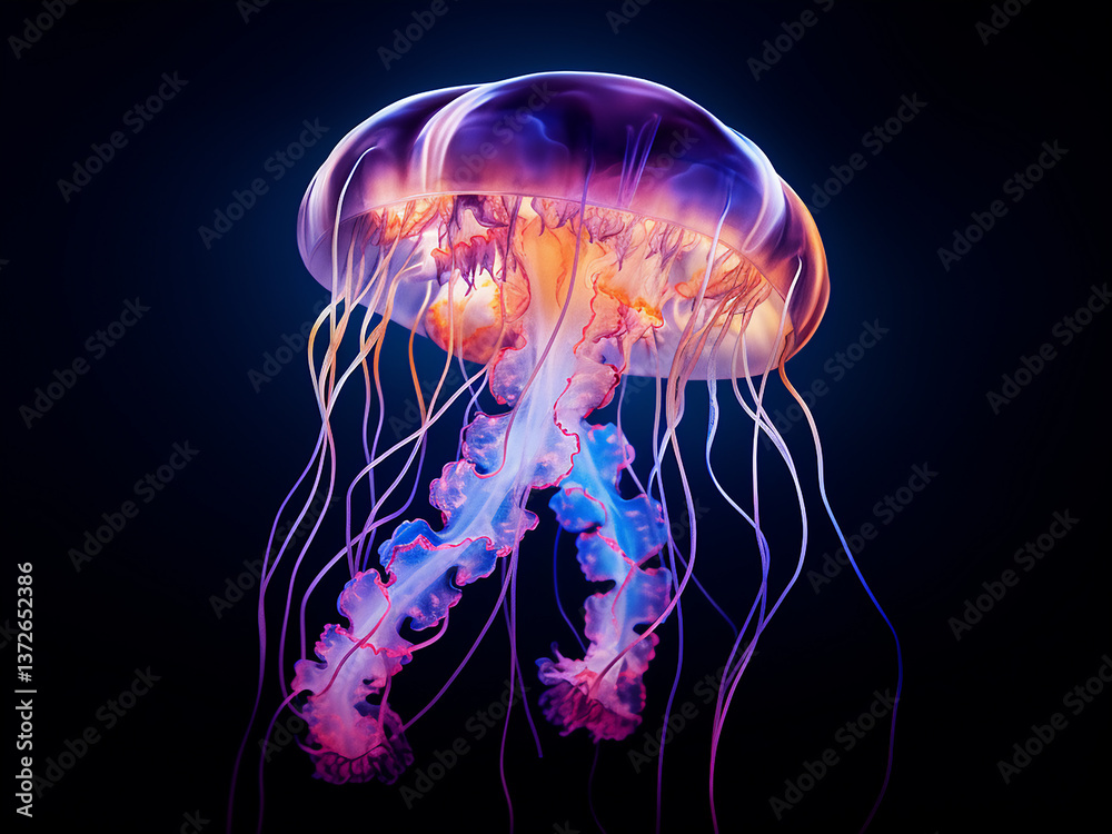 Geometric jellyfish with flowing tentacles in bioluminescent glowing hues Geometric jellyfish with flowing tentacles in bioluminescent glowing hues