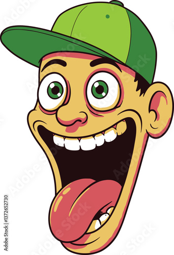 Funny cartoon illustration of a goofy face with a cap and tongue sticking out