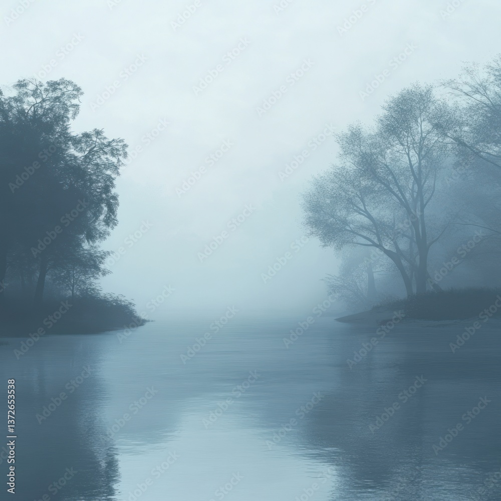Fototapeta premium Ethereal waterscape with misty trees reflected in calm stream