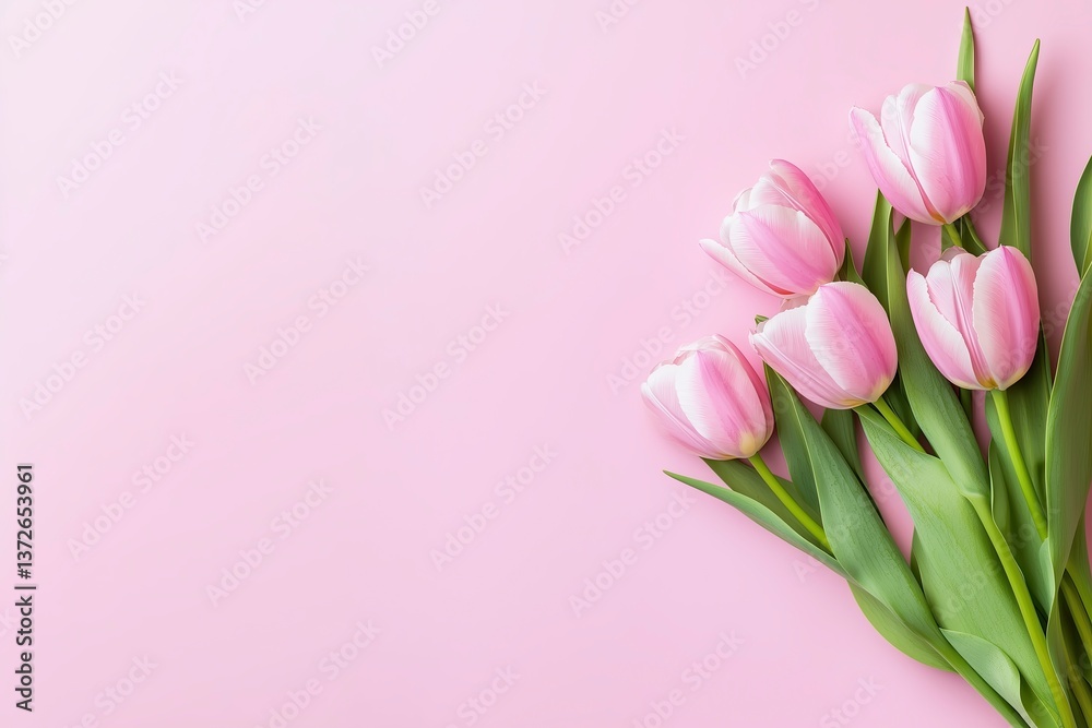 Obraz premium Pink tulips arranged on a soft pink background 