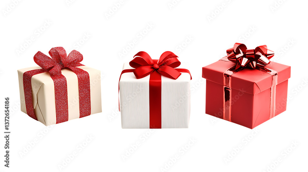 Obraz premium Christmas Gifts Set in Three Different Poses on Transparent Background for Holiday Promotions, Greeting Cards, or Festive Designs
