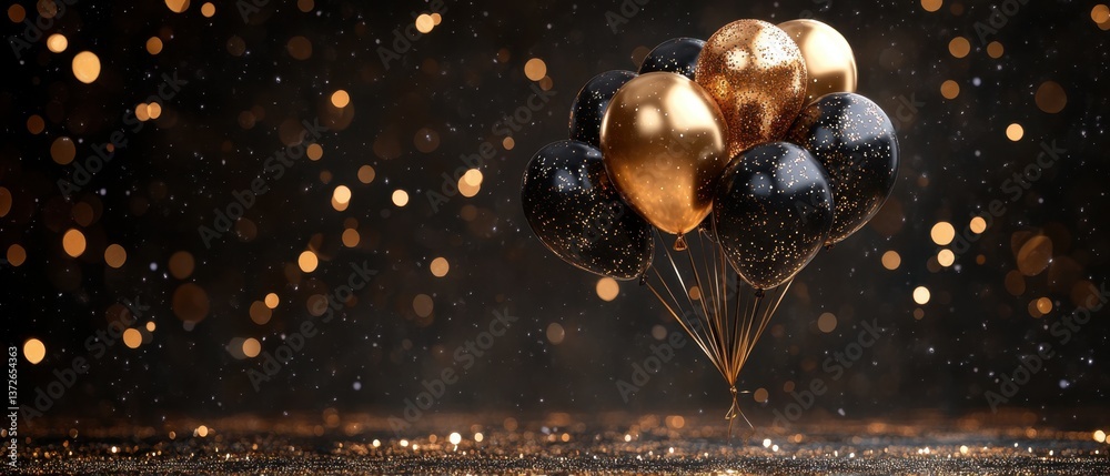 Obraz premium Elegant celebration with black and gold balloons against a bokeh background for festive occasions and stylish events