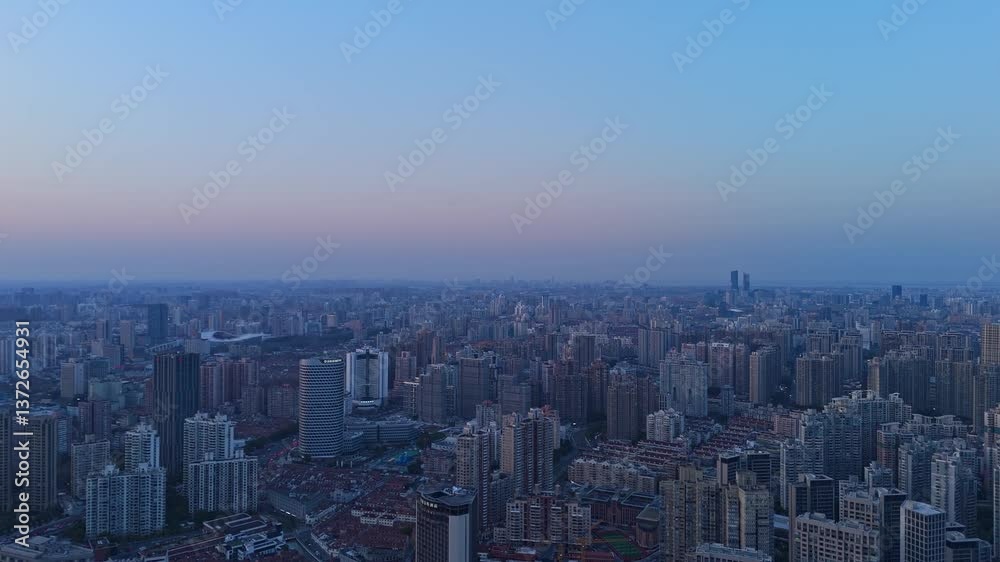 custom made wallpaper toronto digital4K real time Aerial view of Shanghai modern buildings and traditional residential buildings at sunset.