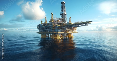 A large offshore oil platform operates in the vast ocean water