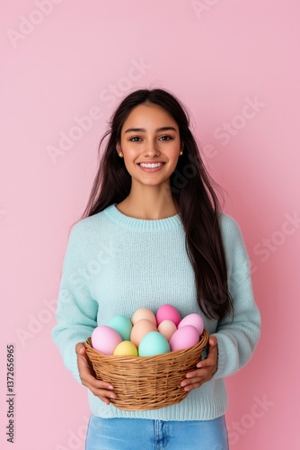 A woman is holding a basket of eggs and smiling. The basket is filled with a variety of colored eggs, including blue, green, and yellow. The woman's expression suggests that she is happy