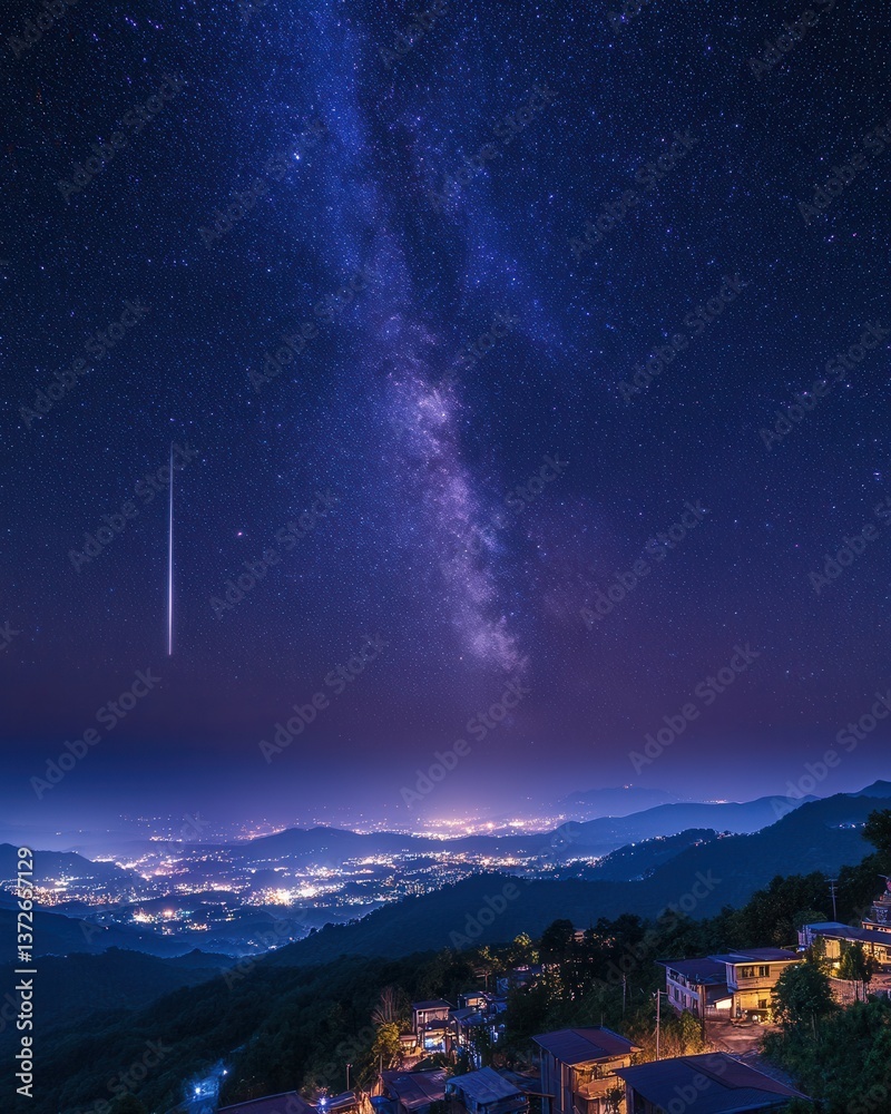 Enchanting Nightscape City Lights Under a Celestial Tapestry of the Milky Way Galaxy and a Shooting Star Enchanting Nightscape City Lights Under a Celestial Tapestry of the Milky Way Galaxy and a Shooting Star