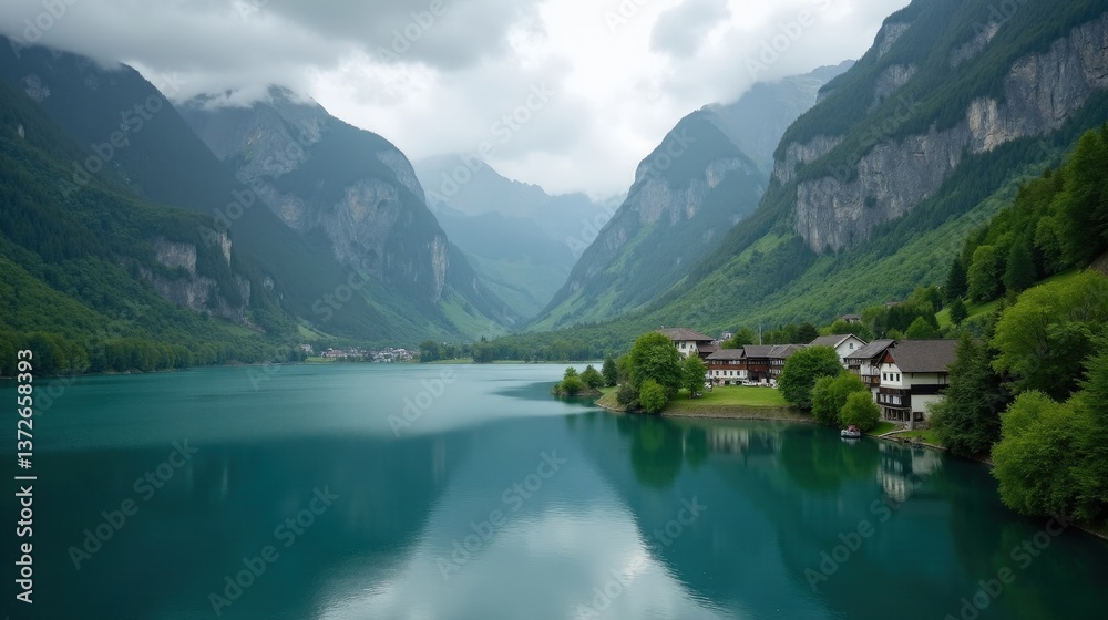 Fototapeta premium A high-quality photo of Lake Thun in Switzerland during midday, rainy weather, captured from above, showing the rain-soaked landscape and rippling water.