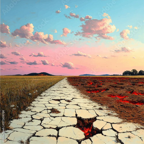 Impactful Vector Illustration of Climate Change Concept Showing Dramatic Contrast Between Fertile Grasslands and Dry Arid Cracked Earth Under Beautiful Pink Cloudy Sky