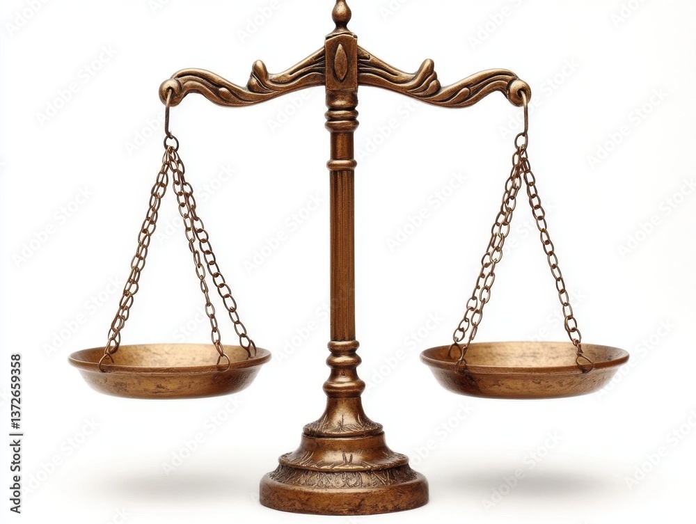 Antique bronze balance scale symbolizing justice and equality law concept on white background studio shot with balanced perspective Antique bronze balance scale symbolizing justice and equality law concept on white background studio shot with balanced perspective