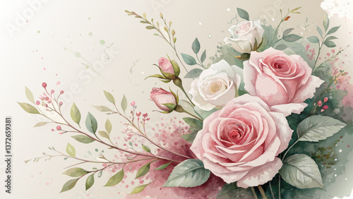 *"Watercolor Roses Background – Soft Pink & White Blooms with Green Foliage, Symbolizing Love for Prophet Muhammad (PBUH)"* 