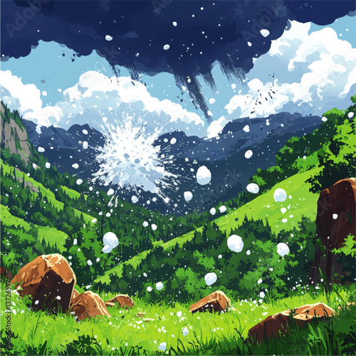 Dramatic Vector Illustration of Severe Hailstorm Striking Scenic Mountain Valley Landscape with Storm Clouds Forested Mountains Grass Meadows and Rocky Terrain