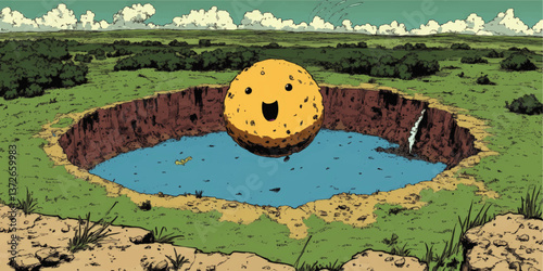 Happy Cartoon Meteorite Floating Above Large Crater Filled With Water In Green Landscape Illustration Fantasy Vector Graphic Background For Creative Artistic Projects