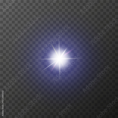 Bright light flash on transparent background. Intense glow with diffused light effect, reminiscent of a star. Suitable for adding shine, flare or starlight effects. EPS 10 vector illustration.