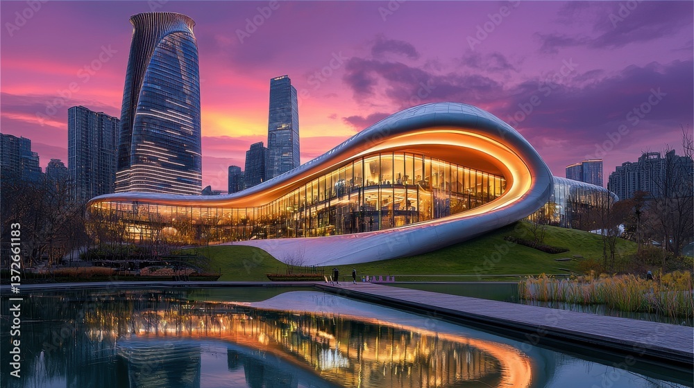 Obraz premium An architectural masterpiece set against a breathtaking sunset skyline in the heart of the bustling city showcasing the intersection of modern design and natural beauty