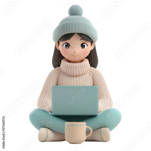 A character seated on the floor with a laptop in front of them and a cup of tea on the side, trendy 3D illustration, UI friendly on transparent png background
