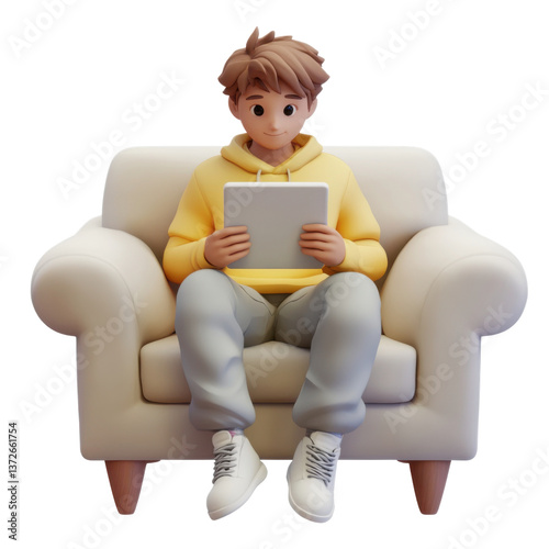 A character sitting on a couch with a tablet in hands, trendy 3D illustration, UI friendly on transparent png background