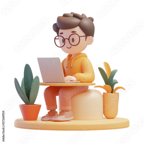 A character with a laptop on a small desk and a potted plant beside them, typing calmly, trendy 3D illustration, UI friendly on transparent png background