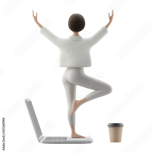 A person balancing on one foot in a yoga pose, with a laptop and coffee on the floor beside them, trendy 3D illustration, UI friendly on transparent png background