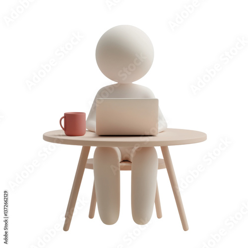 A person sitting at a table with a coffee cup, staring at a laptop screen, ready to start the day, trendy 3D illustration, UI friendly on transparent png background