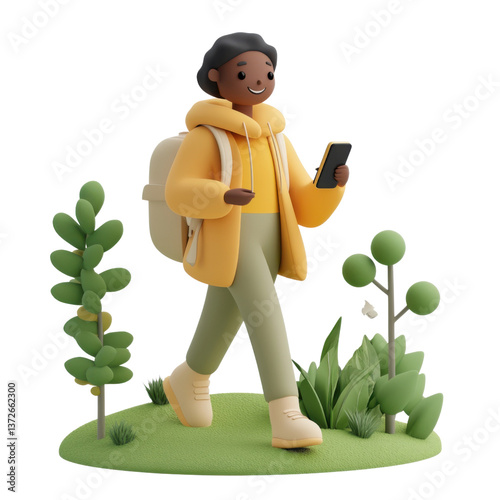 A person walking through the park with a phone in their hand and a smile, trendy 3D illustration, UI friendly on transparent png background