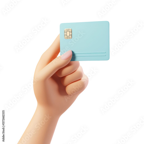 A hand holding a blue minimalist credit card, trendy 3D illustration, UI friendly, isolated scene on a transparent background