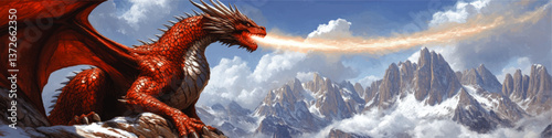 Epic Fantasy Art Illustration of Majestic Fierce Fire Breathing Red Dragon on Snowy Mountain Peak with Dramatic Sky and Clouds in Adventure Magical Scene Vector Image