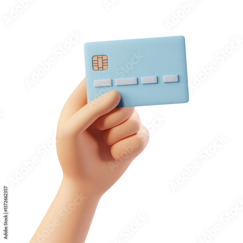 A hand holding a blue minimalist credit card, trendy 3D illustration, UI friendly, isolated scene on a transparent background on transparent png background