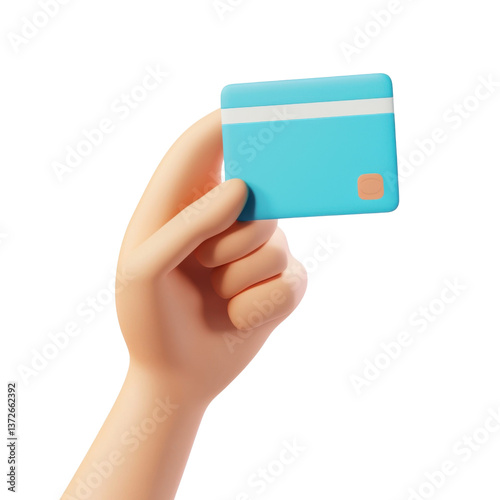 A hand holding a blue minimalist credit card, trendy 3D illustration, UI friendly, isolated scene on a transparent background on transparent png background