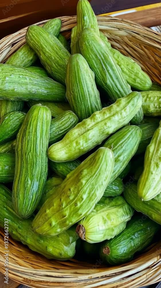 Freshly harvested cucumbers displayed in a woven basket at a local farmers market in the afternoon sun Freshly harvested cucumbers displayed in a woven basket at a local farmers market in the afternoon sun
