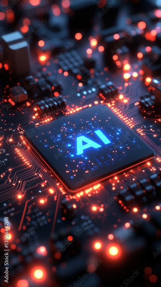 Obraz premium Minimalistic AI chip icon, futuristic design, glowing neon blue circuits, flat design, white background, vector style, high resolution.
