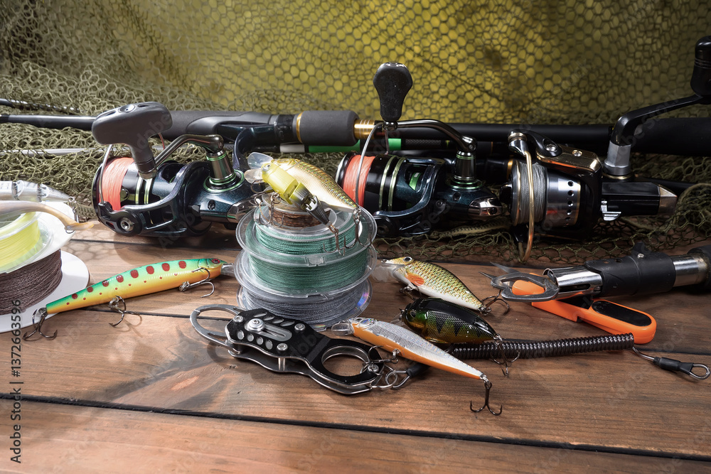 Fishing items in a tabletop arrangement