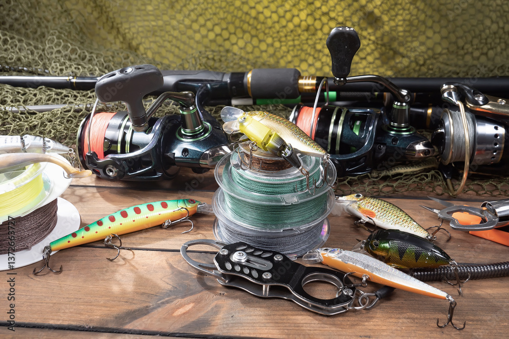 Fishing items in a tabletop arrangement