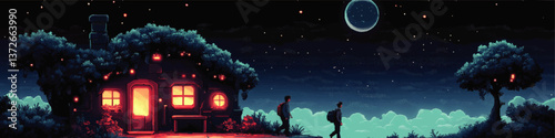 Mystical Vector Illustration of Cozy Glowing Cottage Under Starry Night Sky with Moon Clouds and Travelers Surrounded by Trees Nature Scenery Magical Pixel Art Style