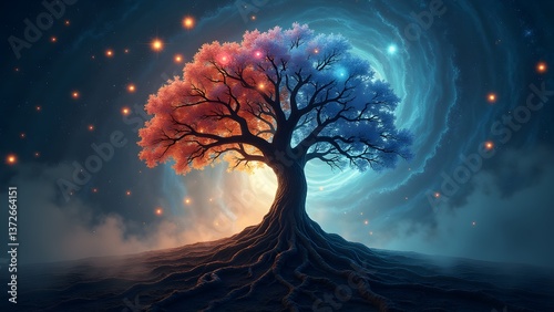 Celestial Tree of Life: A Dichotomy of Colors Under a Cosmic Galaxy Sky