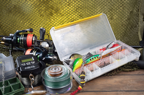 Obraz na płótnie Fishing items in a tabletop arrangement w salonie