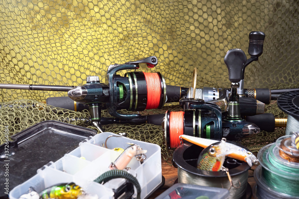 Fishing items in a tabletop arrangement