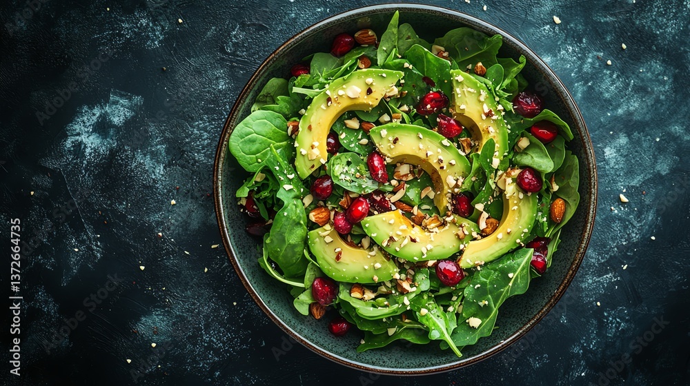 A fresh salad with avocado, nuts, and leafy greens, filled with vitamins A fresh salad with avocado, nuts, and leafy greens, filled with vitamins