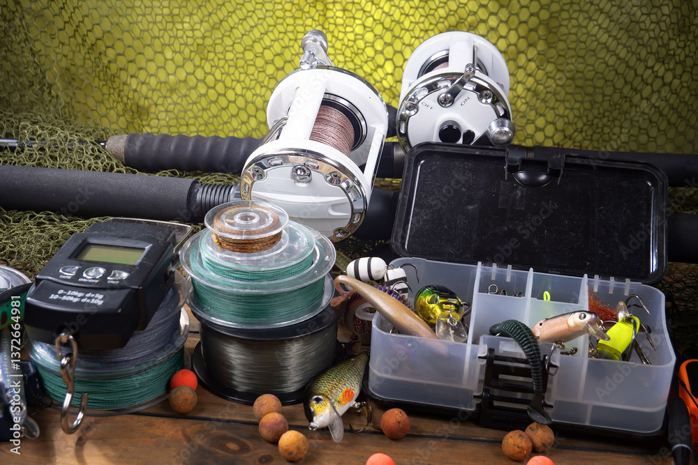 Fishing items in a tabletop arrangement