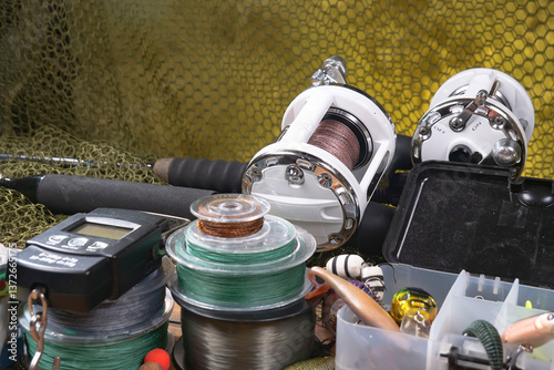 Fishing items in a tabletop arrangement