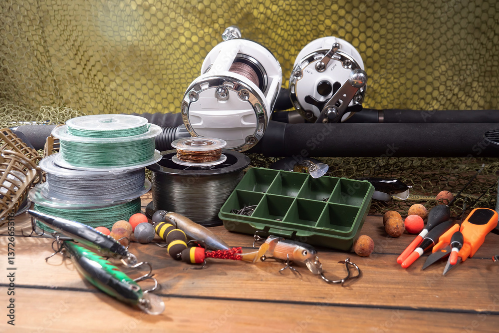 Fishing items in a tabletop arrangement