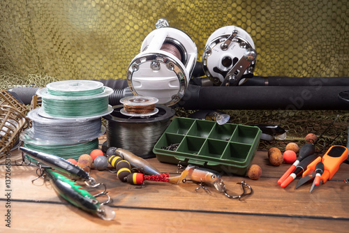 Fishing items in a tabletop arrangement