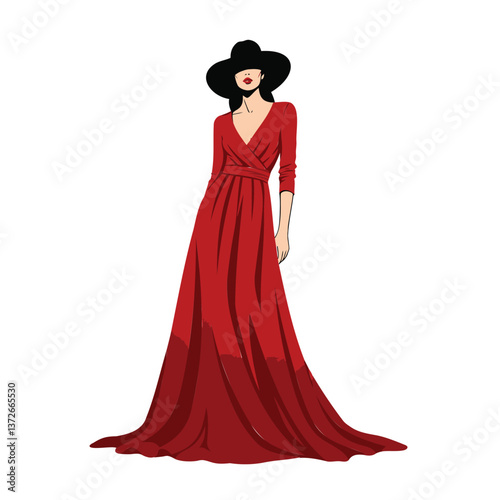 Elegant Woman in Long Red Dress and Hat