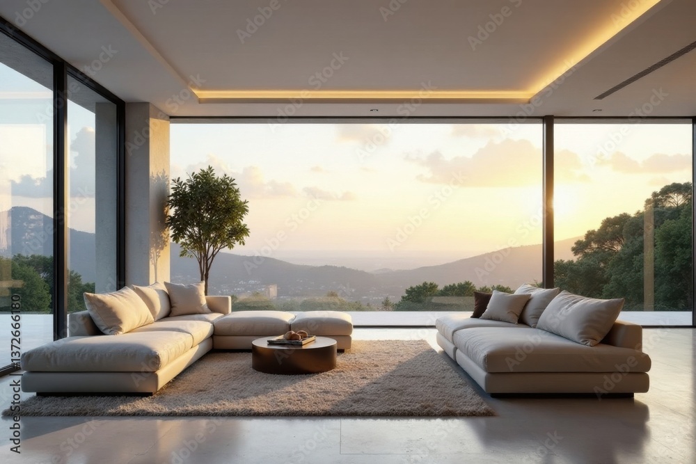 Modern Sectional Sofa and Plush Rug in a Sunlit Room with Expansive Panoramic Views of Rolling Hills and Lush Greenery at Sunset Modern Sectional Sofa and Plush Rug in a Sunlit Room with Expansive Panoramic Views of Rolling Hills and Lush Greenery at Sunset