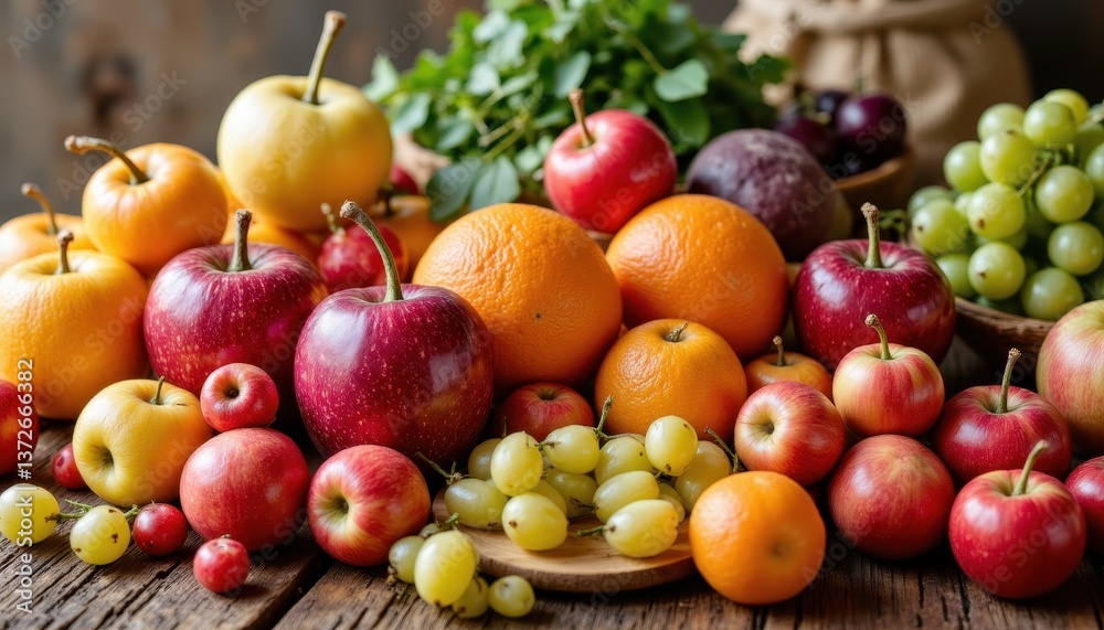 A vibrant array of colorful, ripe fruits is arranged on a rustic wooden table, showcasing nature's bounty and inviting a sense of freshness and vitality to the scene. A vibrant array of colorful, ripe fruits is arranged on a rustic wooden table, showcasing nature's bounty and inviting a sense of freshness and vitality to the scene.