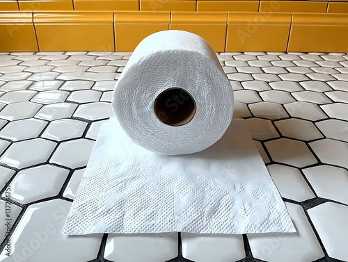 A white paper towel roll sits on a tiled surface photo