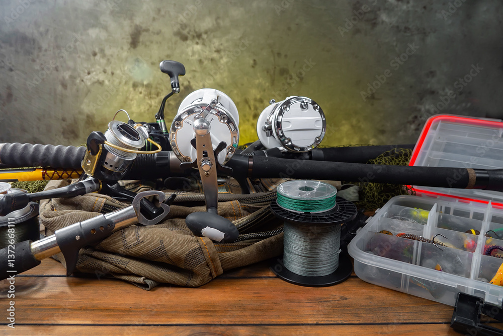 Fishing items in a tabletop arrangement