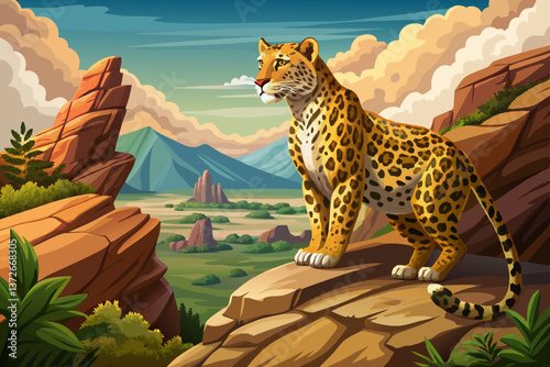 A majestic Leopard standing proudly on a rocky cliff, gazing over the rugged landscape