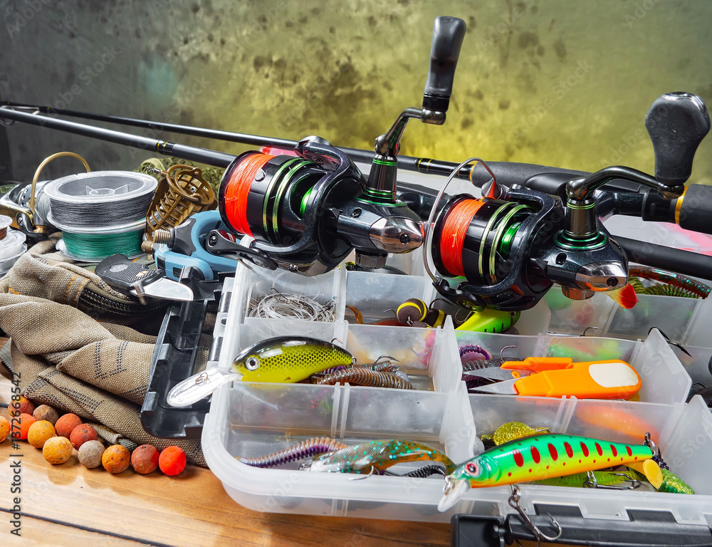 Fishing items in a tabletop arrangement