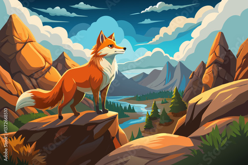 A majestic Fox standing proudly on a rocky cliff, gazing over the rugged landscape